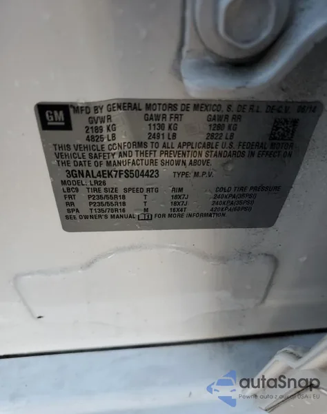 2015 Chevrolet Captiva Ltz z USA, uszkodzony, nr VIN 3GNAL4EK7FS504423